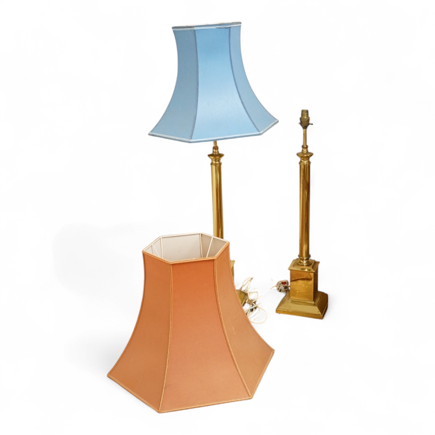 A large pair of modern brass column table lamps with shades, 100cm high